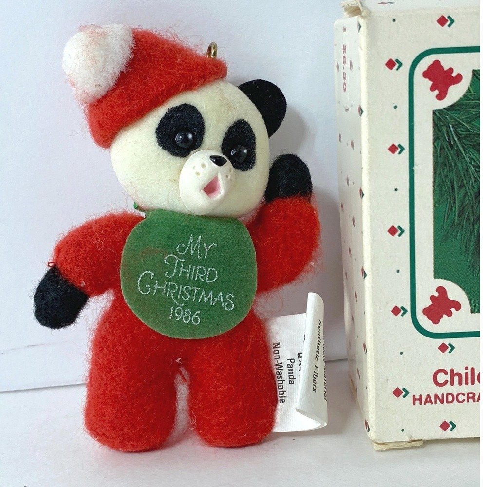 1986‎ Hallmark Panda Bear Childs Third Christmas Ornament Red Vintage QX4136